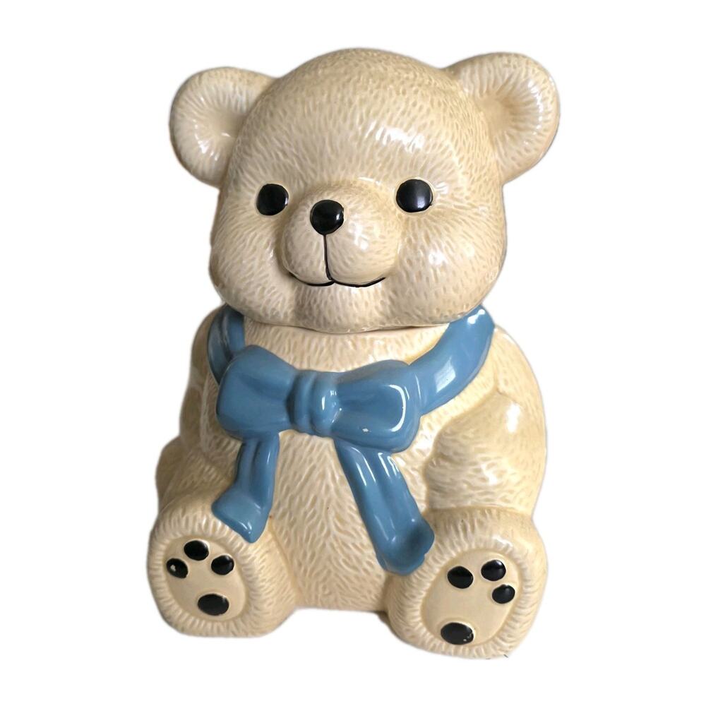 Vintage Teddy Bear Ceramic Cookie Jar Blue Bow Large Grandmacore 90s Farmhouse
